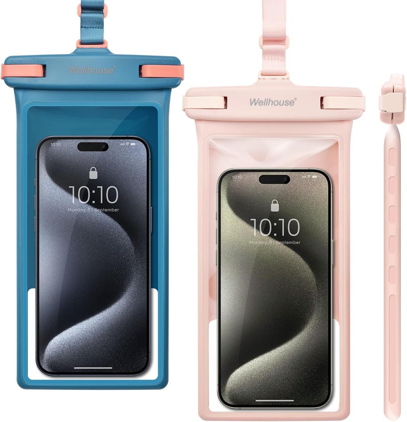 Wellhouse Waterproof Phone Pouch, Waterproof Phone Case for iPhone 16 15 14 13 12 Pro Max XS Samsung, IPX8 3D Cellphone Dry Bag Beach Essentials (2 Pack - Blue & Pink8.0, 8 inch) - Image 1